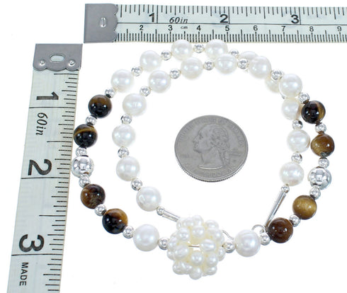 Sterling Silver Fresh Water Pearl and Tiger Eye Bead Necklace KX121305